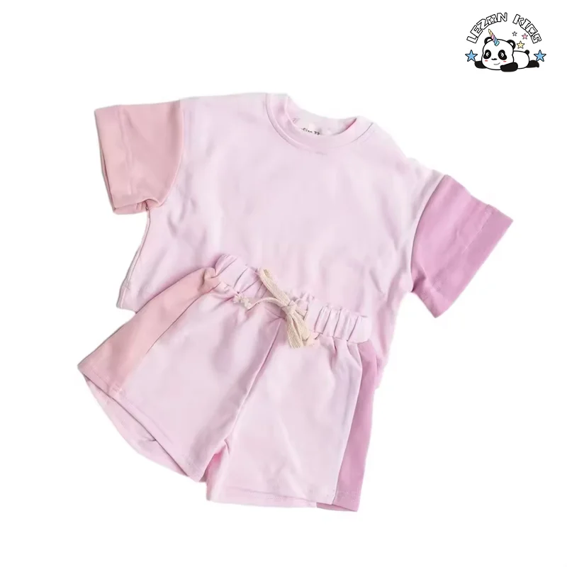 LEZONKIDS - Conjunto de 2 Peças para Meninas Novo Estilo Camiseta Manga Curta e Shorts Bloco de Cores Conjunto de Esporte Infantil